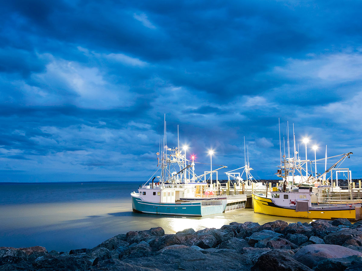 One Marketing - Client Fisheries and Oceans Canada - Small fishing boats moored at night time. Clam Water. Dark sky.